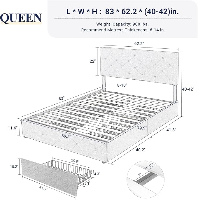 Allewie Upholstered Queen Size Platform Bed Frame with 4 Storage Drawers and Headboard, Diamond Stitched Button Tufted, Mattress Foundation with Wooden Slats Support, No Box Spring Needed, Black