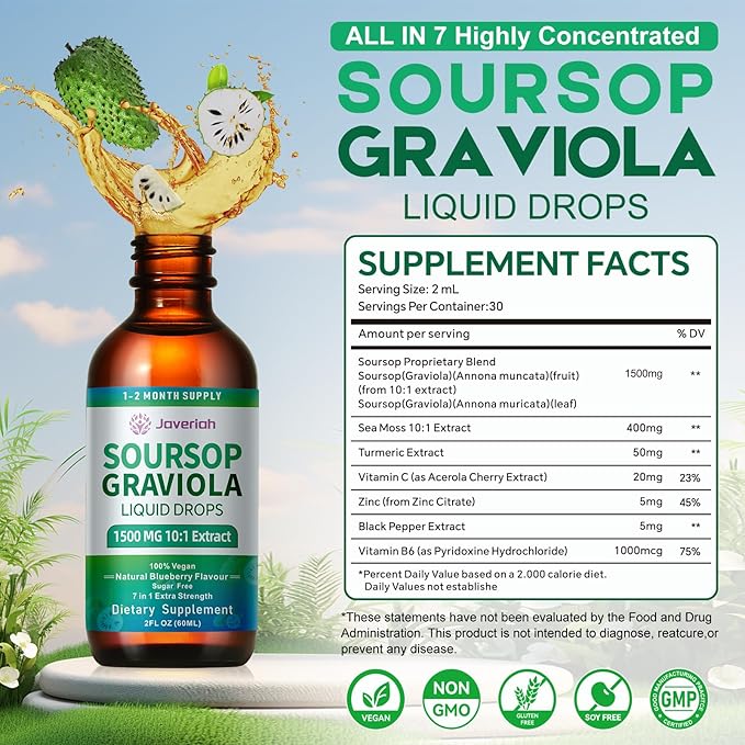 2 Pack Soursop Graviola Leaf Extract Liquid Drops Supplement with Irish Sea Moss & Turmeric for Cellular Support, Immune System Boost, Liver Health, Soursop Bitters Liquid 60-Day Supply 4 FL OZ