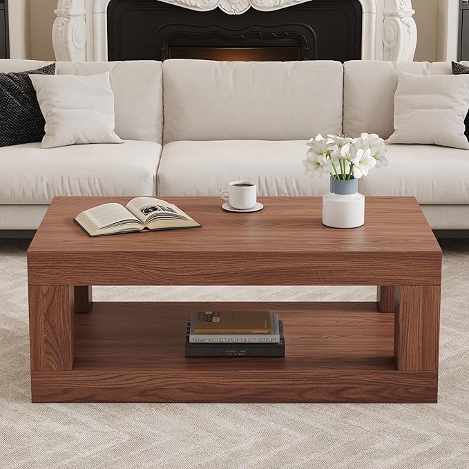 39.37" Coffee Table with Storage, 2-Tier Mid Century Rectangular Accent Table with Thick Tabletop, Rustic Style Cocktail, Center Table for Living Room, Office, Apartment (Walnut)