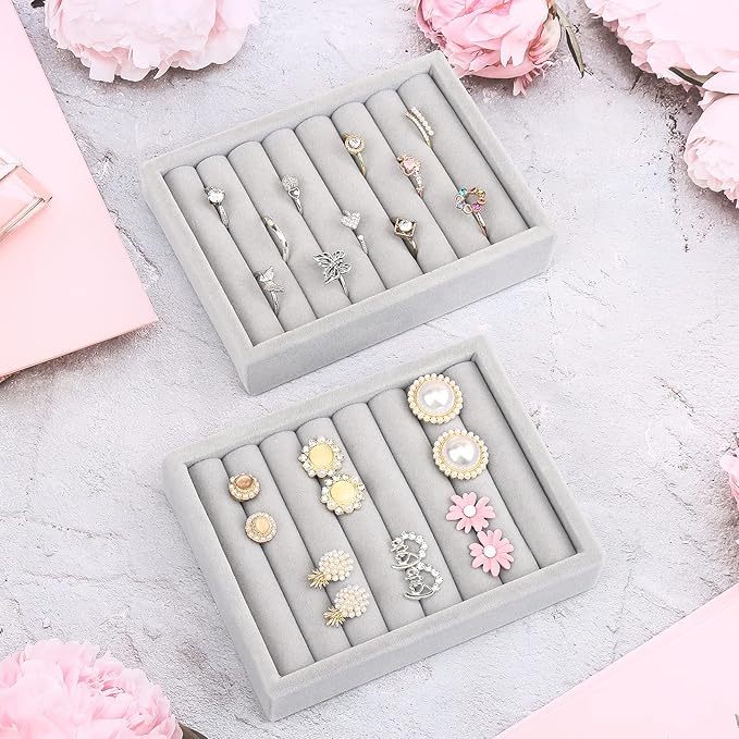 DesignSter Small Jewelry Tray, 2PCS Ring Organizer, Velvet Jewelry Display Tray, Stackable Jewelry Organizer Trays, Jewelry Drawer Organizer Inserts For Dresser, Jewelry Box (Gray)