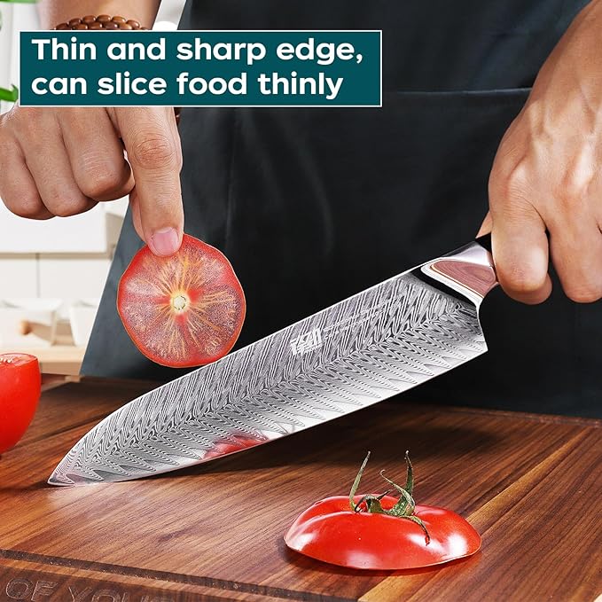 FINDKING Nebula Series Chef Knife with ABS Sheath, Multipurpose Japanese Gyuto Knife, 10Cr15CoMov Damascus Steel Blade, Resin and Figured Sycamore wood Handle, Full Tang, 8 Inch, Blue, for Meat