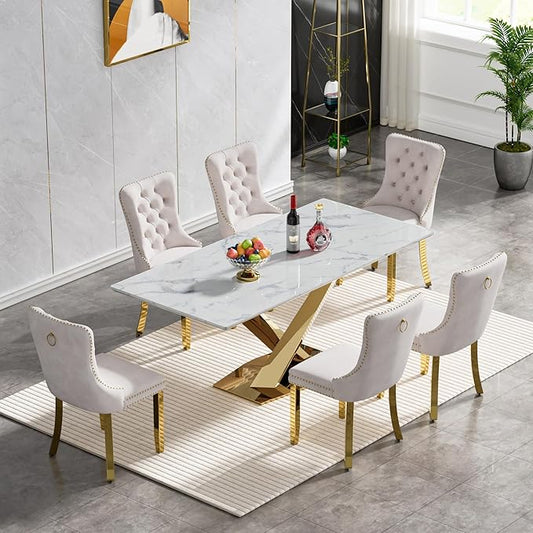 70" Faux Marble Dining Table Set for 6, 7-Piece Dining Set with White Gold Kitchen Table and 6 Velvet Tufted Chairs, Modern Rectangular Dining Room Table with X-Shape Stainless Steel Base