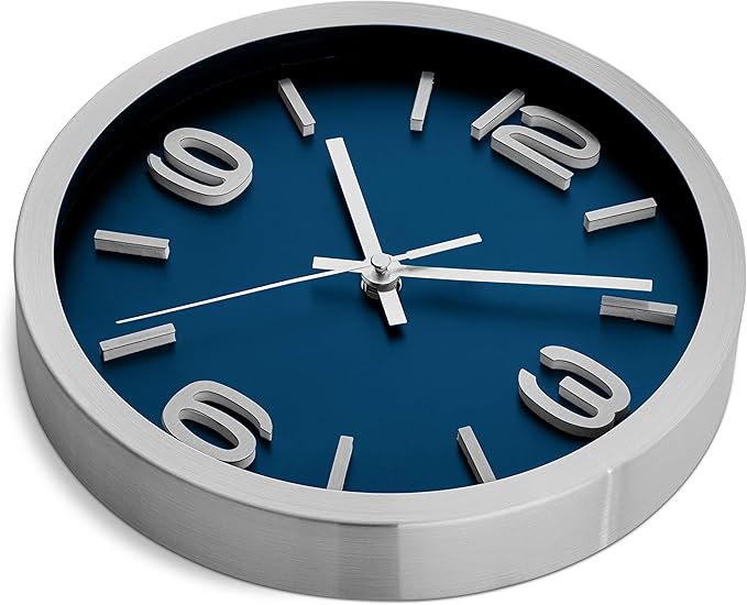 Bernhard Products Wall Clock 10 Inch Modern Silver Round Elegant Metal Quality Quartz, Silent Non Ticking Battery Operated Home Office Clock with 3D Numbers (Silver & Prussian Blue)