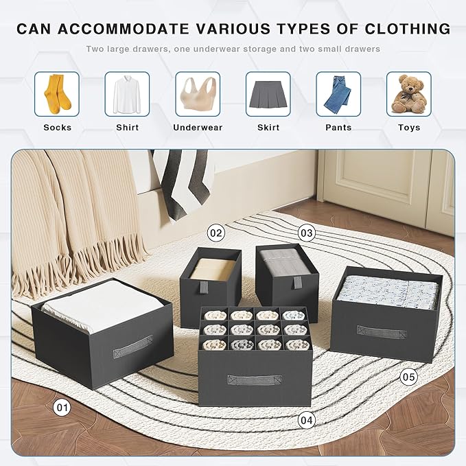 6-Shelves Hanging Closet Organizer with 5 Different Drawers, Foldable Organizers and Storage for Wardrobe, Closet& RV, Clothes and Accessories Storage, Non-woven fabric, Dark Gray