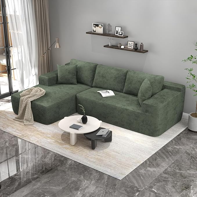 OC Orange-Casual 106.3" Cloud Sectional Couch with L-Shape Chaise,No Assembly Required Modular Sofa,Upholstered Boneless Couches for Living Room, Plush Corduroy Fabric (Green, Left Facing Chaise)