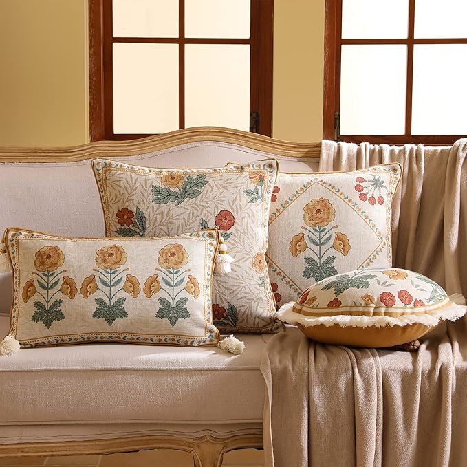 patdrea Designer Throw Pillow Covers for Couch 12"x20",Vintage French Soft Linen Pillows Cover with Beige Daisy Floral Pattern,Farmhouse Decorative Cushion for Bed,Living Room,Outdoor,Set of 2