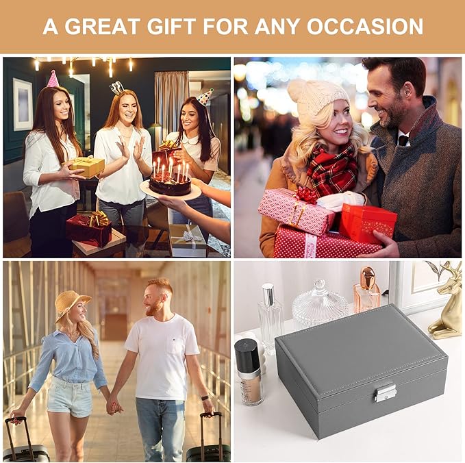 Jewelry Box for Women Girls 2 Layer Leather Travel Jewelry Organizer Storage Case with Lock and Removable Tray for Necklace Earrings Rings Bracelets Gift, Come with Polishing Cloth and Jewelry Bags