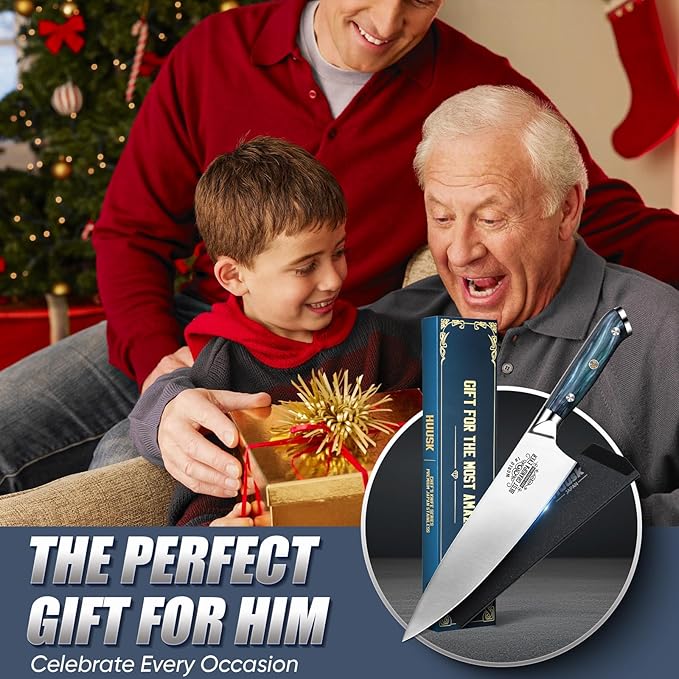 Huusk Birthday Gifts for Grandpa, Chef Knife for Kitchen, 8" Stainless Kitchen Knife with Resin Handle, Grandpa Birthday Gift, Full Tang Cooking knife, Best Grandpa Gifts with Gift Box