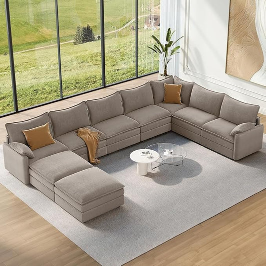 Vesgantti Large Modular Sectional Sofa, Big Comfy Cloud Couch with Ottoman, Chenille Deep Seat Cloud Sofa, 9 Seater Large Sectional Couches for Living Room, Bedroom, Apartment, Light Brown