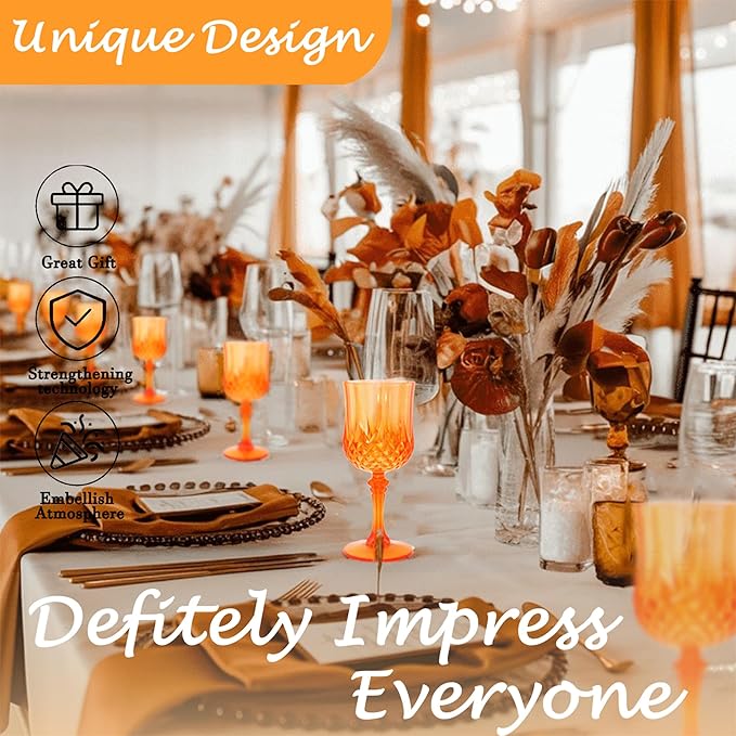 Plastic Wine Glasses，Plastic Goblets Vintage Style Cordial Drinking Glasses for Wedding Reception, Grand Event Party Supplies (48, Pumpkin orange)