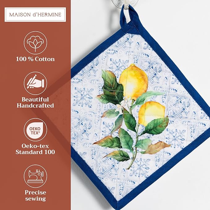 Maison d' Hermine Pot Holders Set 100% Cotton Heat Resistant Potholders 8" x 8" Hot Pads with Loop BBQ, Cooking, Baking, Grilling, Kitchen, Handling Hot Pans Spring/Summer (Pack of 2, Citrus)