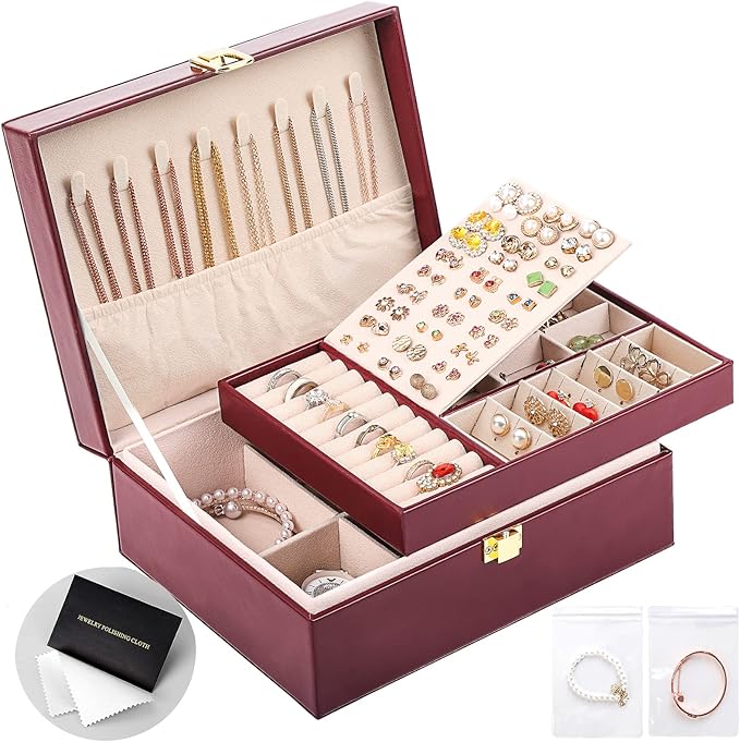 Jewelry Boxes for Women Girls PU Leather Jewelry Organizer Box 2 Layer Large Jewelry Storage Case Removable Tray for Necklace Earring Ring with Polishing Cloth and Jewelry Bags