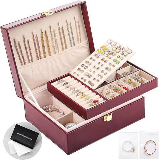 Jewelry Boxes for Women Girls PU Leather Jewelry Organizer Box 2 Layer Large Jewelry Storage Case Removable Tray for Necklace Earring Ring with Polishing Cloth and Jewelry Bags