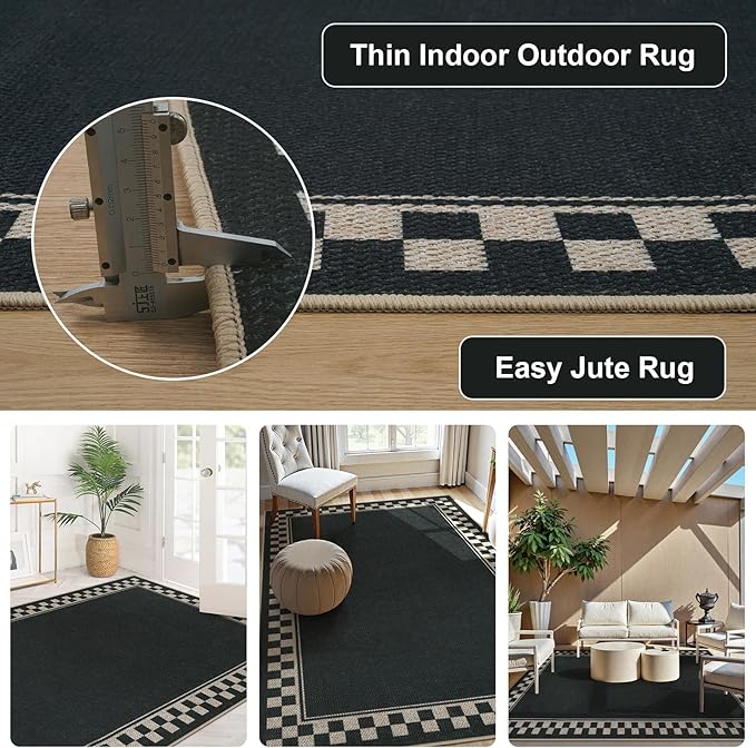 OJIA Easy Jute Outdoor Rug 3x5 Washable Rugs for Entryway, Checkered Border Black Front Door Rug Non-Slip Door Mats Indoor Outdoor Rugs Farmhouse 3x5 Area Rug for Porch Outside Patio Living Room