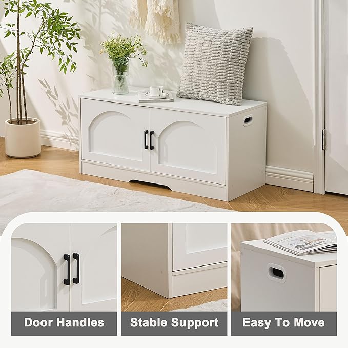 Storage Bench, 39.4" Shoe Bench with Storage, 2 Tier Entryway Bench with 2 Doors, Adjustable Shelf, 39.4" W x 15.8" D x 18.1" H, Holds up to 330lbs for Entryway Living Room Bedroom Hallway, White
