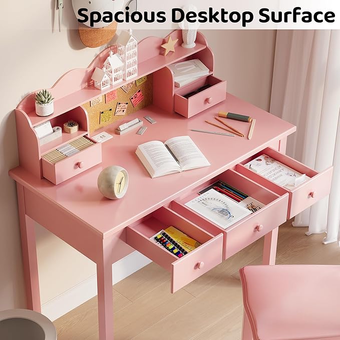 Home Office Furniture Writing Desk,Computer Work Station with Detachable Hutch,5 Drawers(Pink)