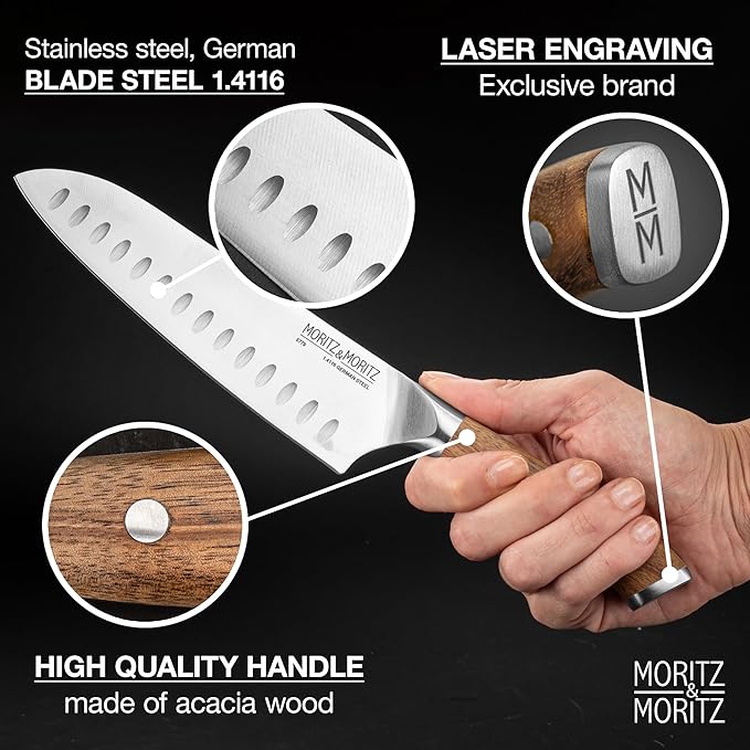 Moritz & Moritz 7-Inch Santoku Knife – Japanese Chef Knife with German Steel Blade, Acacia Wood Handle, Professional Kitchen Knives for Meat, Vegetables, Sushi, Chopping & Slicing
