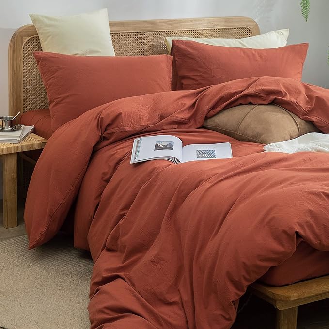 BESTOUCH Duvet Cover Set 100% Washed Cotton Linen Feel Super Soft Comfortable Chic Lightweight 3 PCs Home Bedding Set Crimson Red King