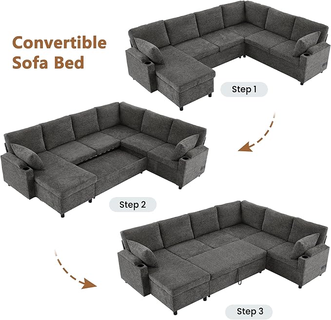 Ball & Cast 109.9" Sectional Sofa with Pull Out Bed, Chenille Upholstered Sleeper Sofa bed with Storage Chaise, Convertible U Shaped Couch with Two Cup Holders and Charging Ports for Living Room, Grey
