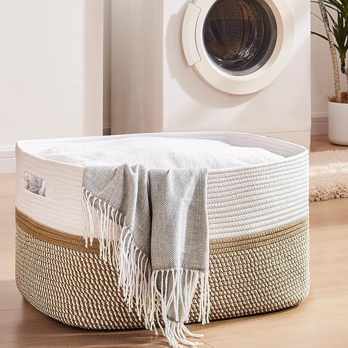 OIAHOMY Large Blanket Basket, 22”x17”x12” Rectangle Woven Baskets, Nursery Blanket Storage Living Room, Toy Storage with Handle, Large Baskets for Organizing-Yellow/White