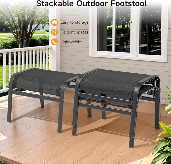 ONBRILL Outdoor Ottoman Foot Rest Set of 2, Textilene Fabric Outdoor Footstool with Tight Surface and Stable Metal Frame, Wide Use Outdoor Ottomans for Patio, Balcony, Poolside and Indoors, Black