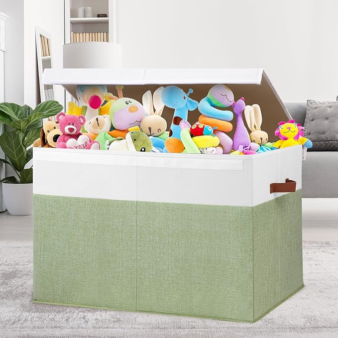 Large Toy Storage Box with Lid, Sturdy Toys Storage Chest Bin Organizer Basket with Dividers for Kids, Boys, Girls, Nursery, Closet, Bedroom, Playroom 26"x17" x17" (Green and White)