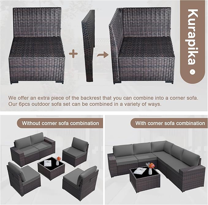 Kurapika 9 Pieces Patio Furniture Set, Rattan Wicker Sofa Set, Outdoor Conversation Sets w/Swivel Rocking Chairs Patio Sectional Sofa w/4 Inch Cushion, Grey
