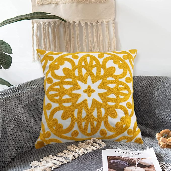 Alysheer Embroidered Decorative Throw Pillow Cover 18x18 inch, Cozy Warm Mandala Knit Pattern, Soft 100% Cotton Canvas Mustard Yellow Cushion Case for Sofa Couch Living Room Gifts (Gold)
