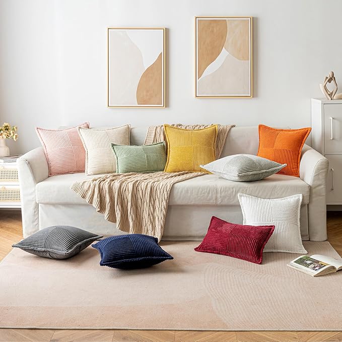 MIULEE Orange Fall Decorative Throw Pillow Covers for Couch Bed Livingroom 16x16 Inch Set of 2 Boho Accent Throw Pllows Broadside Striped Patchwork Soft Corduroy Pillowcases