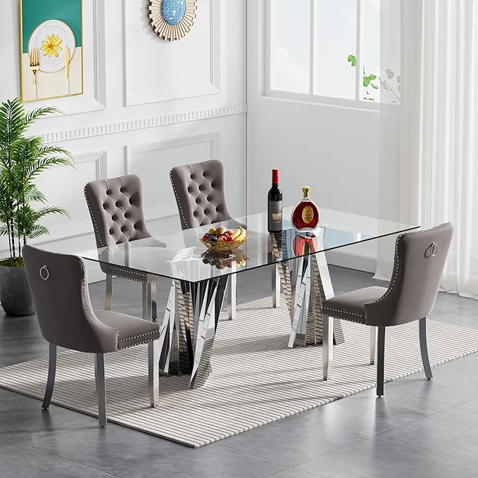 Goujxcy Modern 5 Piece Glass Dining Table Set Luxury Glass Kitchen Table and Chair Set for 4, 70" Large Rectangular Dining Room Table with 4 Tufted Chairs and Stainless Steel Legs (Silver & Grey)