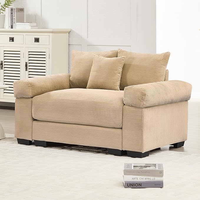 KEIKI 54" Oversized Corduroy Modular Sectional Single Sofa with High-Density Foam Cushions, Extra-Thick Armrests, Upholstered Modern 1-Seater Lounge Accent Chair with 3 Pillow, for Living Room, Camel