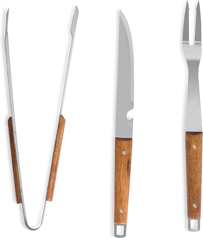 Internet's Best 3-Piece BBQ Grilling Utensil Set - Long Wooden Handle Spatula, Barbeque Fork, and Serrated Tong Meat Grabbers - Smoker Charcoal Gas Electric Cooking Utensils