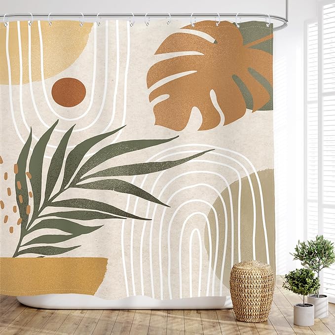 Glawry Beige Green Boho Shower Curtain Mid Century Abstract Plant Tropical Palm Leaf Minimalist Arch Geometric Bathroom Modern 72Wx78L Inches Bath Accessories Art Home Decor Fabric 12 Pack Hook