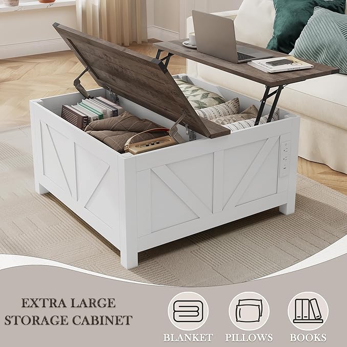 Farmhouse Coffee Table with Lifting Top with Hidden Storage Organizer, Square Lift top Coffee Table for Living Room with Charging Station&USB Ports, 35" Wood Storage Table Set for Home, Office-Grey