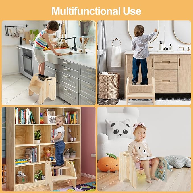 comfoyar 2 in 1 Toddler Step Stool, Wooden 2 Step Stool for Kids with Handles and Anti Slip Pad, Convertible Back Chair, Height Adjustable Potty Training Helper Stool for Bathroom Sink, Bedroom
