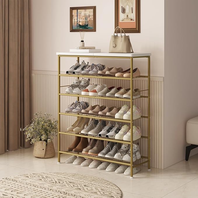 Shoe Rack Organizer 6 Tier for Closet Entryway Free Standing Metal Storage Shoe Shelf with MDF Top Board，Gold