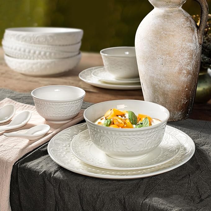 Cereal Bowls Set of 4 - Ceramic Soup Bowls for Kitchen 30 Oz Embossment White Breakfast Bowls for Rice, Pasta, Fruits, Salad, Ramen, 6.25 Inch, Dishwasher & Microwave Safe (Brocade Flower)