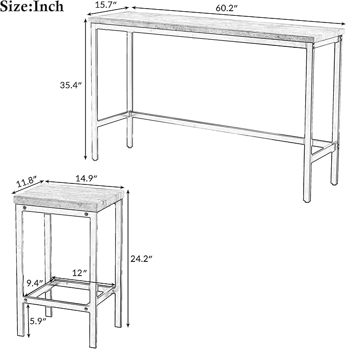 Harper & Bright Designs 4-Piece Dining Table Set, 60.2" L Solid Wood Dining Table with 3 Stools and Metal Frame for Kitchen Dining Room, Antique Brown + Black