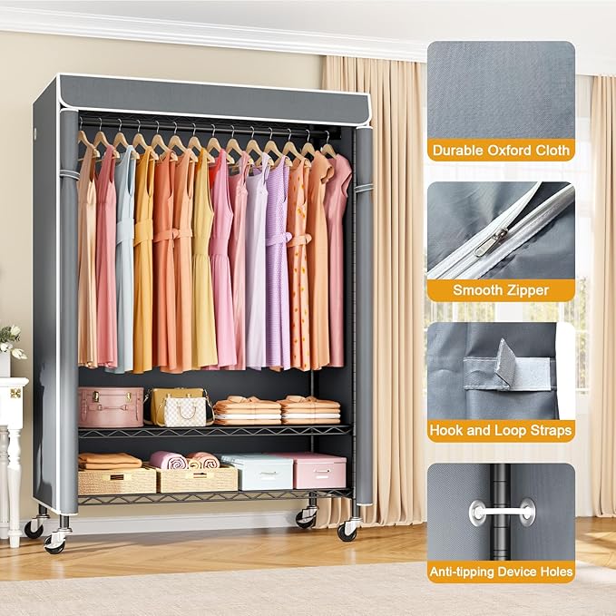 P6C Plus Rolling Clothes Rack with Cover, Covered Clothing Rack Heavy Duty, Portable Closet for Hanging Clothes, Garment Rack on Wheels, Black Closet Rack with Gray Cover, Max Load 375LBS