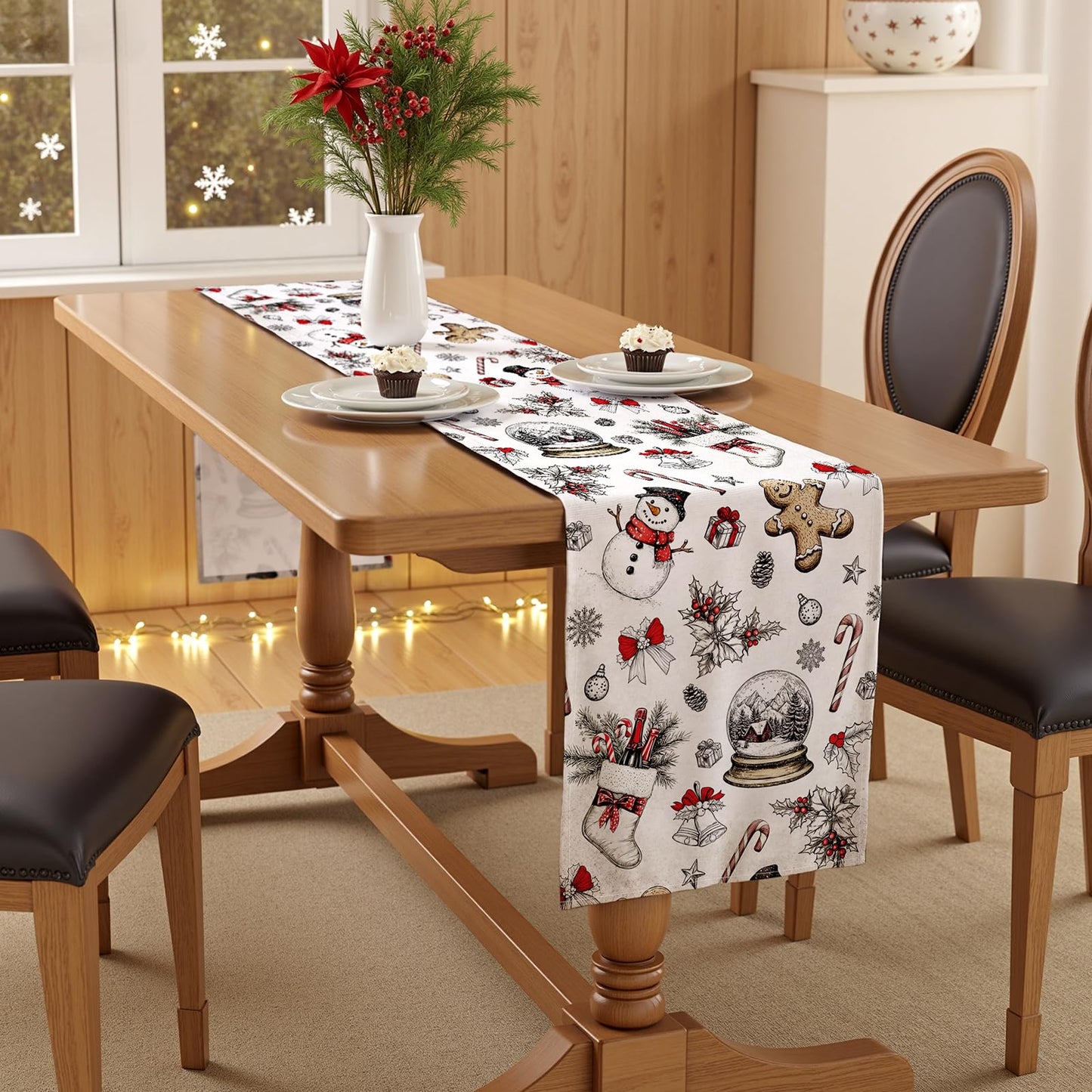 VIV CHERBL Christmas Table Runner with Snowmen, Gingerbread Men & Holiday Motifs, Table Decoration for Dining Party and Home Decor,72x13 inches