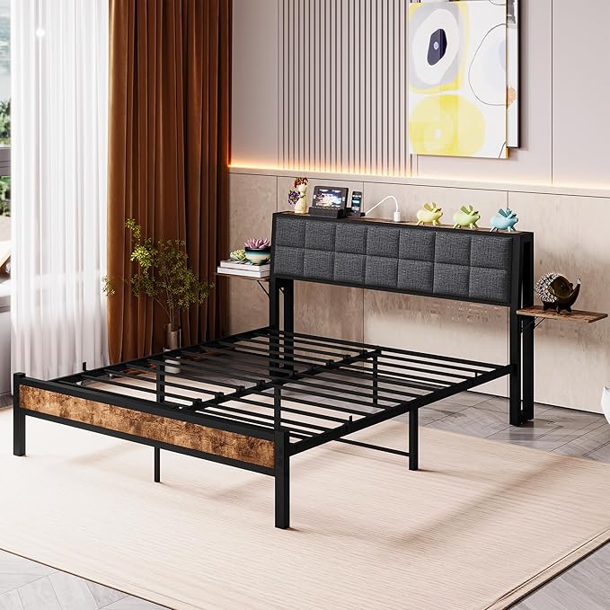 Full Size Metal Bed Frame with Ergonomic Upholstered Headboard and Charging Station, Platform Bed Frame with Storage Shelves, Heavy Duty Metal Slats, No Box Spring Needed, Brown+Grey