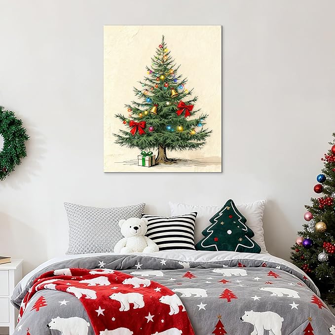Framed Christmas Pictures Wall Decor,Vintage Pine Tree Prints,Winter Christmas Canvas Wall Art Decoration for Bedroom Bathroom Living Room Rustic Xmas Holiday Gifts (Christmas Tree 9, 24'' X 36'')