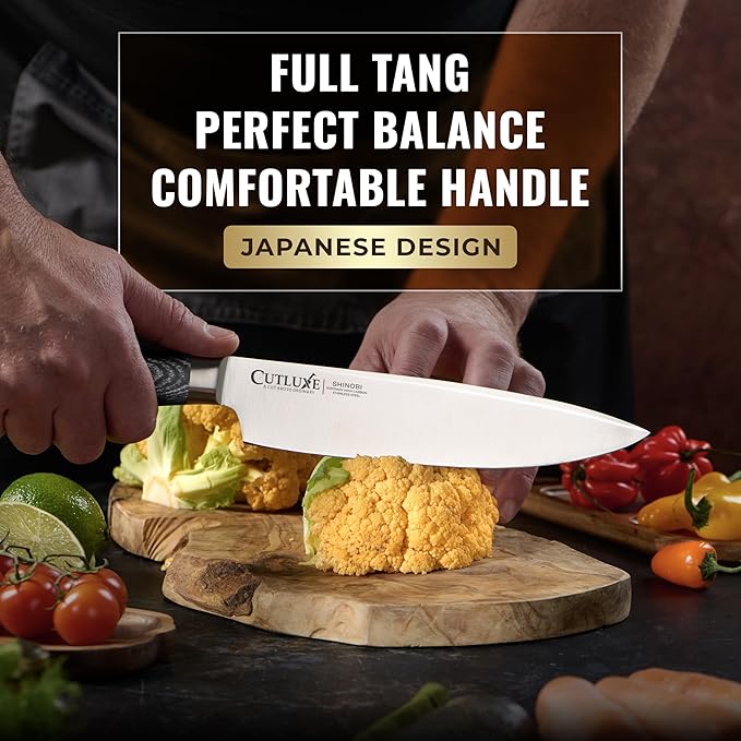 Cutluxe Chef Knife – Ultra Sharp 8" Japanese Kitchen Knife, High Carbon Stainless Steel Blade, Full Tang Pakkawood Handle – Shinobi Series