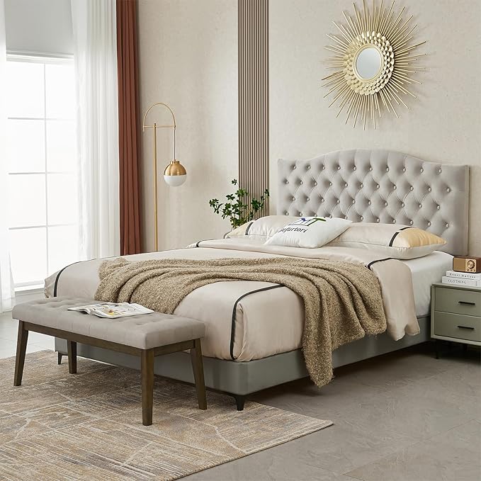 End of Bed Bedroom Bench, Linen Upholstered Tufted Bench for Bedroom End of Bed with Solid Wood Legs for Bedroom Living Room Entryway(Gray)