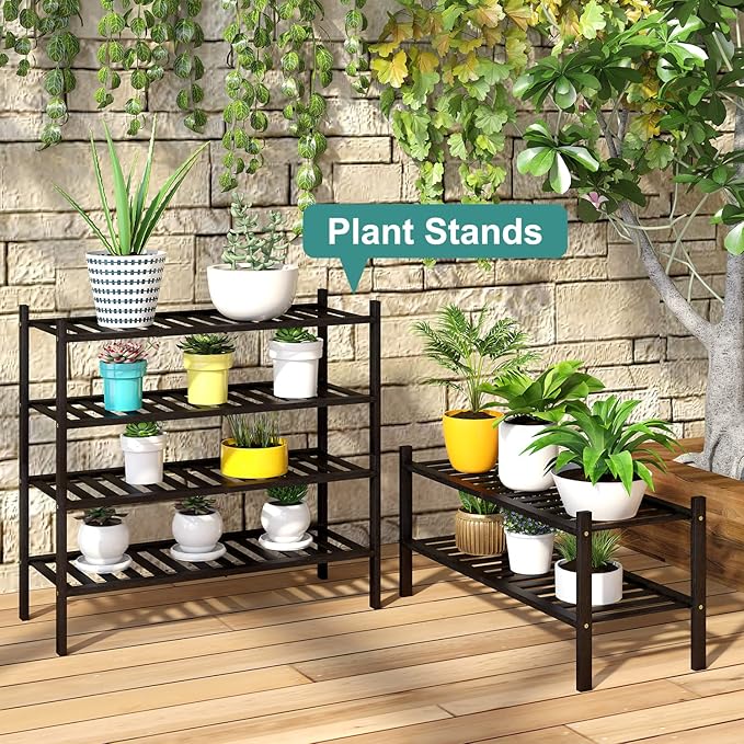 2-Tier Black Bamboo Shoe Rack for Entryway, Stackable | Foldable | Natural, Shoe Shelf Storage Organizer for Hallway Closet, Free Standing Shoe Racks for Indoor Outdoor