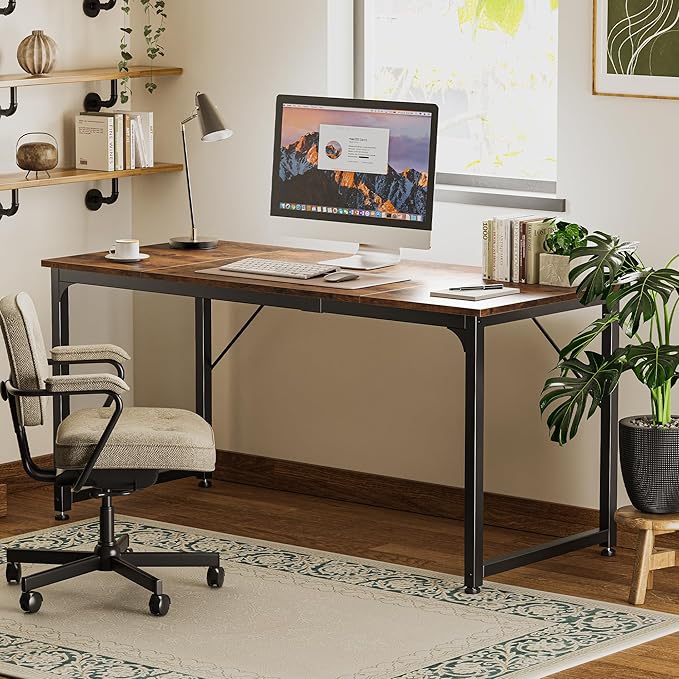 Huuger Computer Desk, 63 Inch Office Desk, Gaming Desk with Storage, Writing Desk Work Desk for Home Office, Study, Modern Simple Desk, Large Legroom, Metal Frame, Rustic Brown
