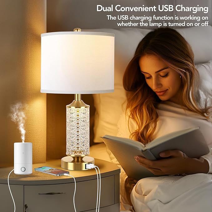 QiMH Set of 2 Table Lamps with USB Ports, Modern Bedside Lamp with LED Night Light for Bedroom, Nightstand Lamps for Living Room Office (Gold)(2 Bulbs Include)