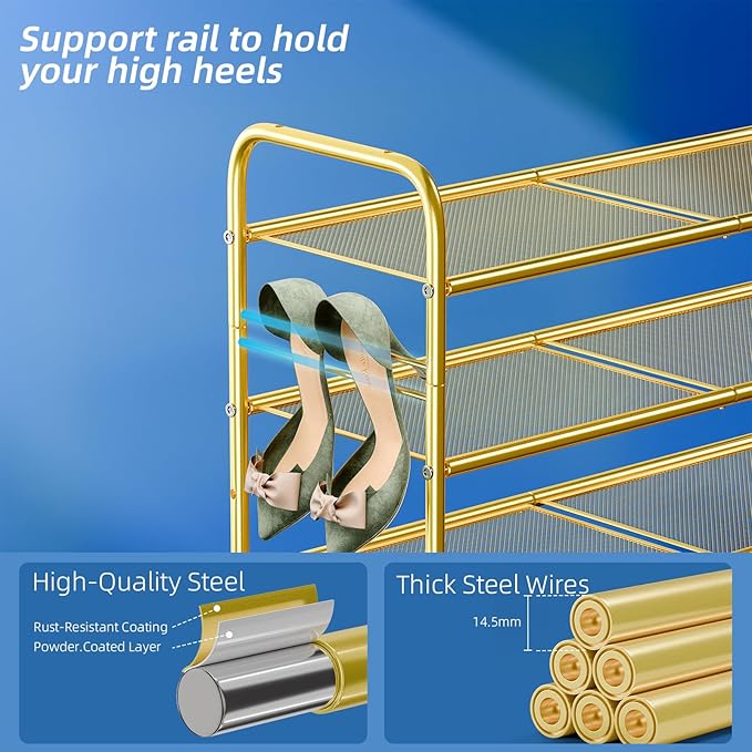 SUFAUY Shoe Rack for Closet, 33 inch Metal Shoe Rack Organizer Heavy Duty, 3 Tier Mesh for Shoes, Gold