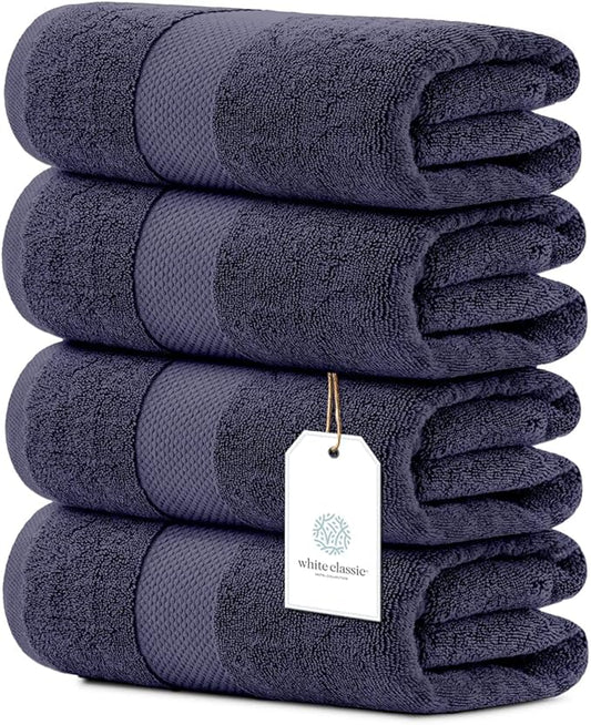 White Classic Luxury Bath Towels Set of 4 Large - 700 GSM Cotton Ultra Soft Bath Towels 27x54 | Highly Absorbent and Quick Dry | Hotel Towels for Bathroom Luxury, Plush Shower Towels, Navy
