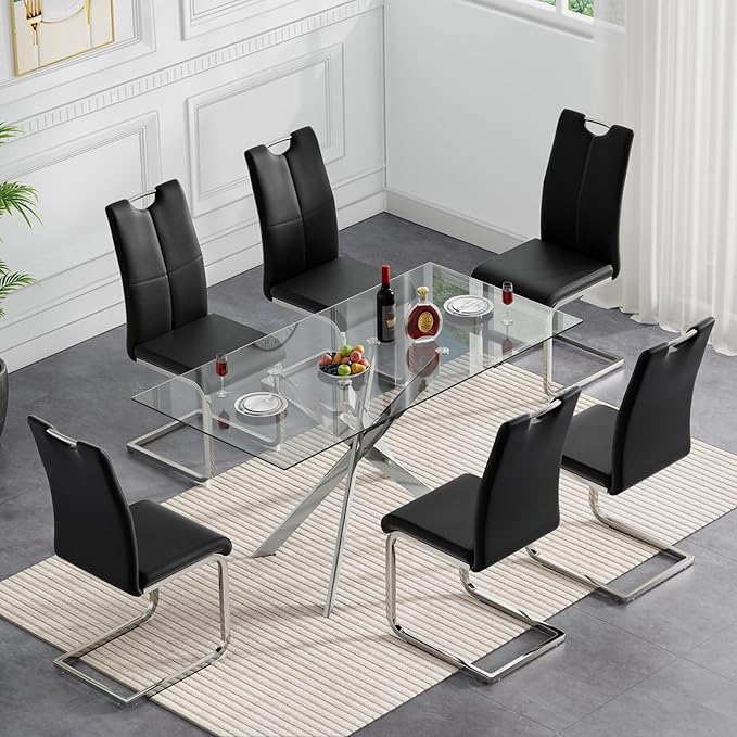 51'' Silver Glass Dining Table Set for 6,7 Piece Kitchen Table and Chairs Set with Metal Legs and 6 PU Leather Dining Chairs for Kitchen Room Small Spaces